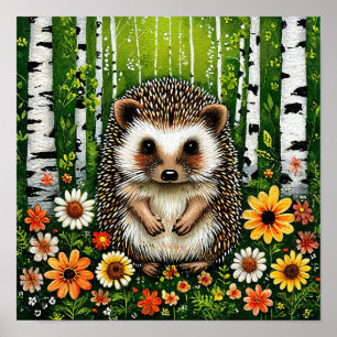 Süßer Cartoon-Igel im Birkenwald Poster