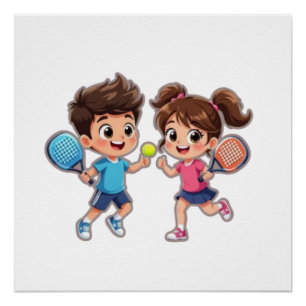 Süßer Cartoon-Junge und -Mädchen spielen Padel-Ten Poster