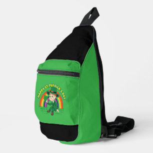 Süßer Cartoon-Leprechaun mit Kleeblatt und Regenbo Crossbody Bag