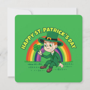 Süßer Cartoon-Leprechaun mit Kleeblatt und Regenbo Feiertagskarte