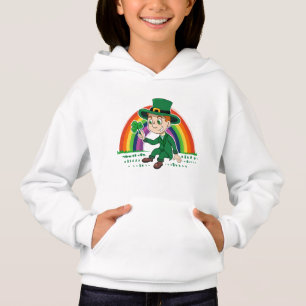 Süßer Cartoon-Leprechaun mit Kleeblatt und Regenbo Hoodie