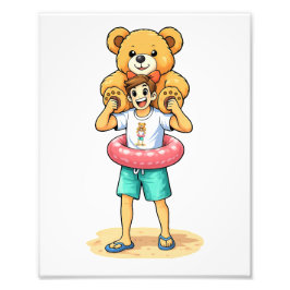 Süßer Cartoon-Mann mit riesigem Teddybär Sommer-Sp Fotodruck