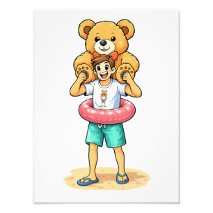 Süßer Cartoon-Mann mit riesigem Teddybär Sommer-Sp Fotodruck