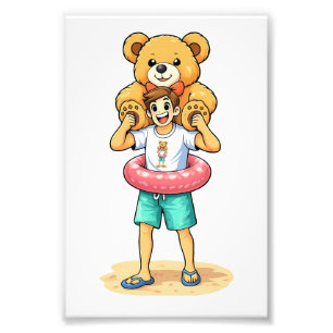 Süßer Cartoon-Mann mit riesigem Teddybär Sommer-Sp Fotodruck