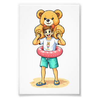 Süßer Cartoon-Mann mit riesigem Teddybär Sommer-Sp Fotodruck