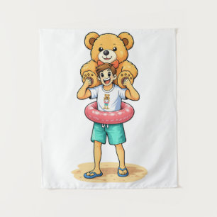Süßer Cartoon-Mann mit riesigem Teddybär Sommer-Sp Wandteppich