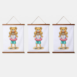 Süßer Cartoon-Mann mit riesigem Teddybär Sommer-Sp Wandteppich Mit Holzrahmen