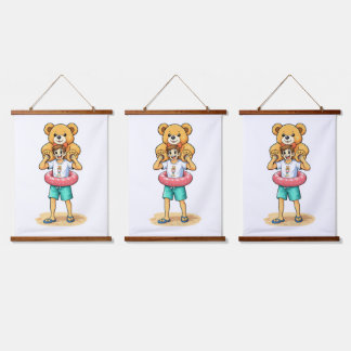 Süßer Cartoon-Mann mit riesigem Teddybär Sommer-Sp Wandteppich Mit Holzrahmen