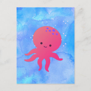 Süßer Cartoon-Oktopus in Blau-Ozean-Aquarell Postkarte