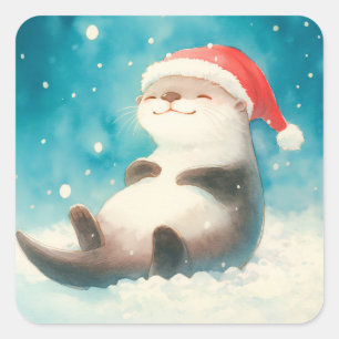 Süßer Cartoon-Otter mit Santa-Mütze im Schneefall Quadratischer Aufkleber