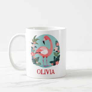 Süßer Cartoon-Rosa-Flamingo und Blumen Kaffeetasse