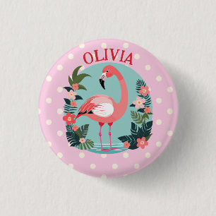 Süßer Cartoon-Rosa-Floral-Flamingo mit Punkten Button