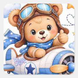 Süßer Cartoon-Teddybär-Pilot fliegt Flugzeug Wasse Quadratischer Aufkleber
