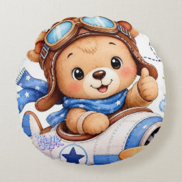 Süßer Cartoon-Teddybär-Pilot fliegt Flugzeug Wasse Rundes Kissen