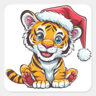 Süßer Cartoon-Tigerjunge mit Weihnachtsmannmütze Quadratischer Aufkleber