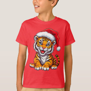 Süßer Cartoon-Tigerjunge mit Weihnachtsmannmütze T-Shirt