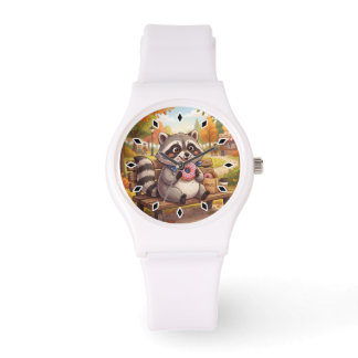 Süßer Cartoon-Waschbär isst Erdbeer-Donut Armbanduhr