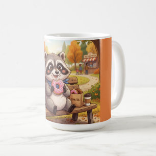 Süßer Cartoon-Waschbär isst Erdbeer-Donut Kaffeetasse