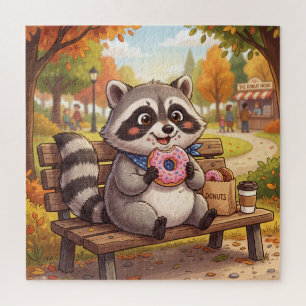 Süßer Cartoon-Waschbär isst Erdbeer-Donut Puzzle