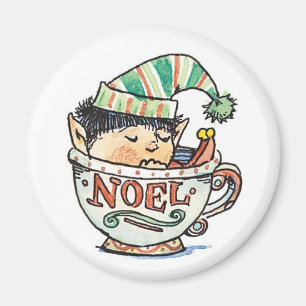 Süßer Cartoon-Weihnachtself, der in einer Teetasse Magnet
