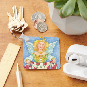 Süßer Cartoon-Weihnachtsengel mit Freudenbanner Schlüsselanhänger