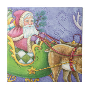 Süßer Cartoon-Weihnachtsmann-Schlitten-Rentier Fliese