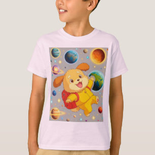 Süßer Cartoon-Welpe mit Rucksack schwebend T-Shirt