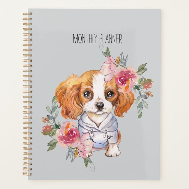 Süßer Cavalier King Charles Spaniel und Blumen   Planer (Vorderseite)