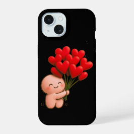 Süßer Chibi-Charakter hält rote Herzluftballons iPhone 15 Hülle