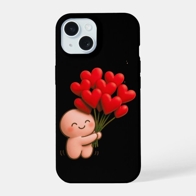 Süßer Chibi-Charakter hält rote Herzluftballons  iPhone 15 Hülle (Rückseite)