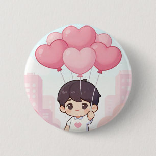 Süßer Chibi-Junge mit rosa Herzballons Kawaii Ästh Button