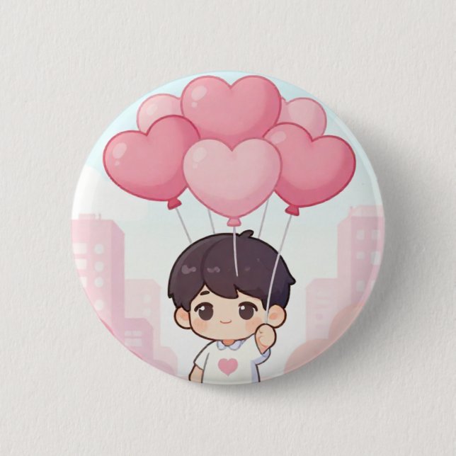 Süßer Chibi-Junge mit rosa Herzballons Kawaii Ästh Button (Vorderseite)