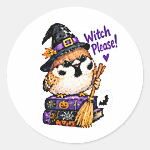 Süßer Chibi-Spatz-Vogel-Halloween-Hexe Bitte Runder Aufkleber