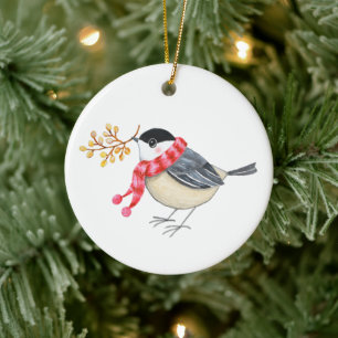 Süßer Chickadee mit goldenem Zweig personalisierte Keramik Ornament