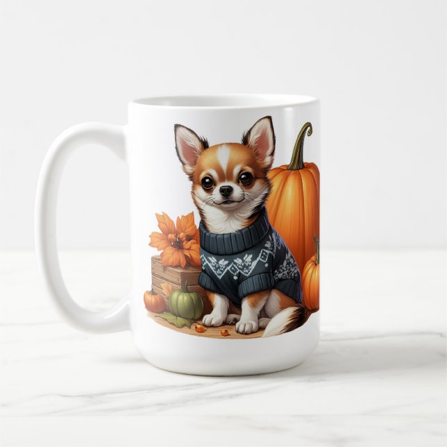 Süßer Chihuahua in Pullover mit Kürbissen Kaffeetasse (Links)