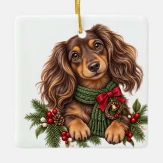 SÜßer CHRISTMAS DACHSCHUND MIT LANGEM HAAR Keramikornament