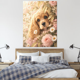 Süßer Cocker Spaniel unter Blumen Leinwanddruck