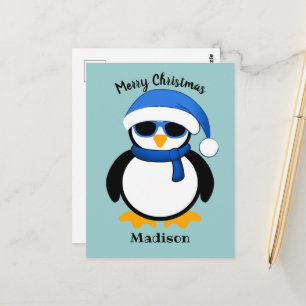 Süßer cooler Pinguin Frohe Weihnachten blau  Postkarte