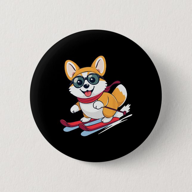 Süßer Corgi beim Skifahren  Button (Vorderseite)