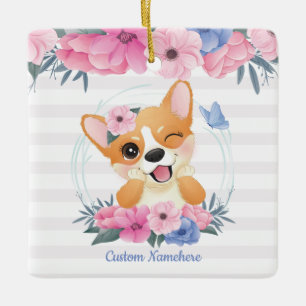 Süßer Corgi-Hund Blumenkranz Blauer Schmetterling Keramikornament