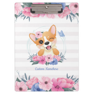 Süßer Corgi-Hund Blumenkranz Blauer Schmetterling Klemmbrett