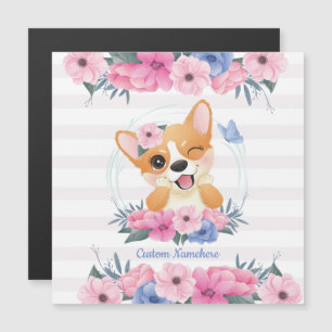 Süßer Corgi-Hund Blumenkranz Blauer Schmetterling  Magnetkarte