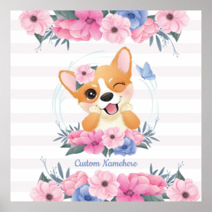 Süßer Corgi-Hund Blumenkranz Blauer Schmetterling Poster