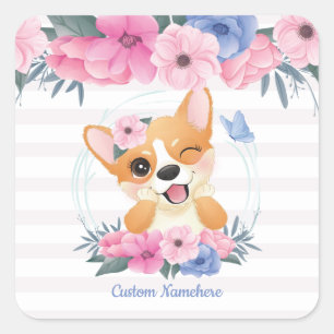Süßer Corgi-Hund Blumenkranz Blauer Schmetterling Quadratischer Aufkleber