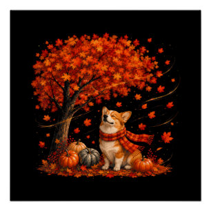 Süßer Corgi-Hund mit Herbstlaub Wald Herbst Poster