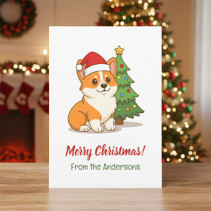 Süßer Corgi-Hund mit roter Mütze und Weihnachtsbau Feiertagskarte