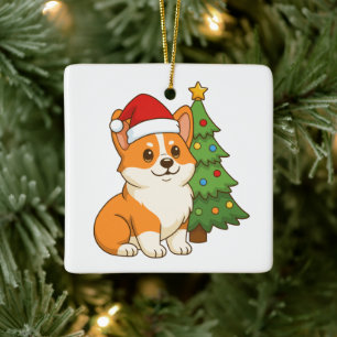 Süßer Corgi-Hund mit roter Mütze und Weihnachtsbau Keramikornament
