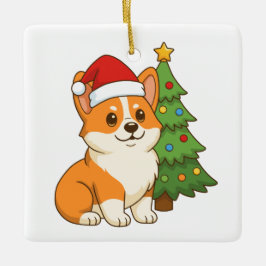 Süßer Corgi-Hund mit roter Mütze und Weihnachtsbau Keramikornament