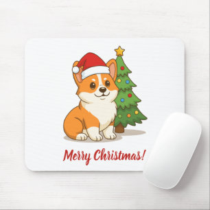 Süßer Corgi-Hund mit roter Mütze und Weihnachtsbau Mousepad
