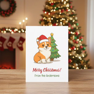 Süßer Corgi-Hund mit roter Mütze und Weihnachtsbau Postkarte